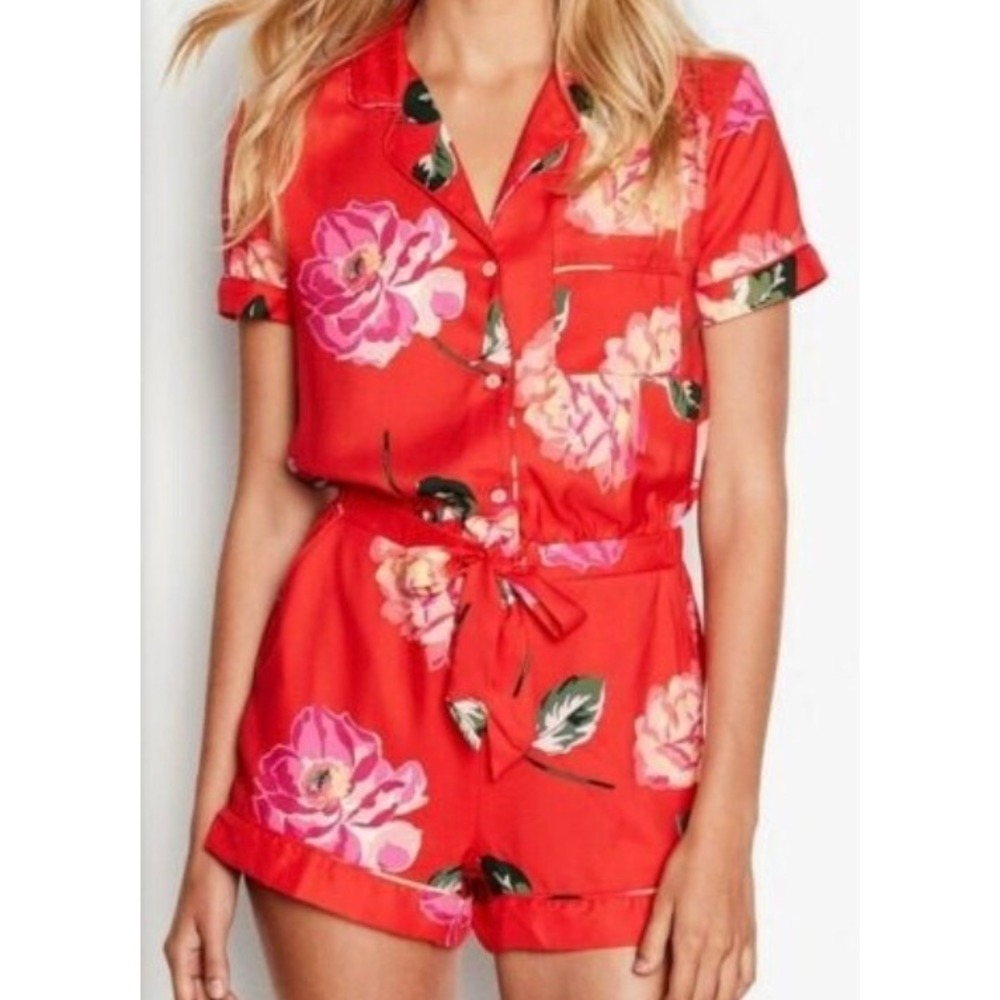 Victoria's Secret Red Pink Floral Satin Romper Pajama Short Sleeve Belted SZ‎ S